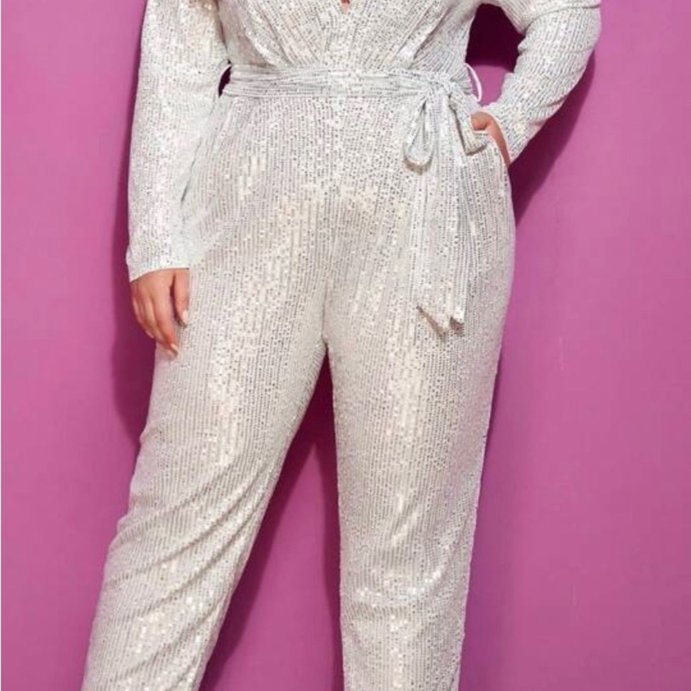 White Sequin Wrap Jumpsuit Plus Size